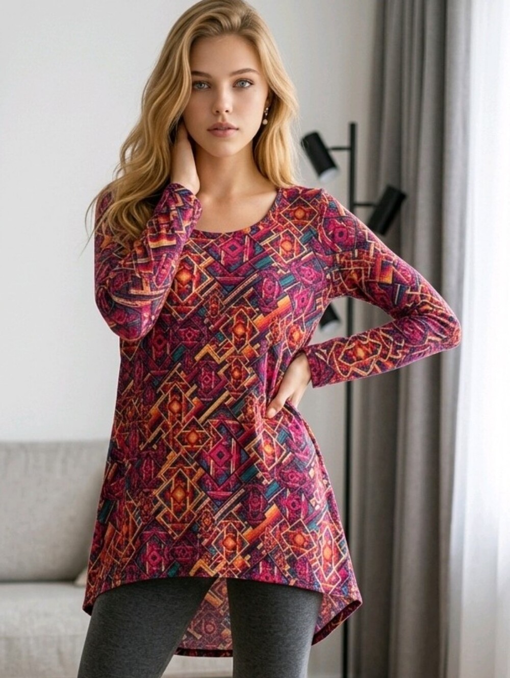 LuLaRoe Colorful Geometric Tunic Top Small High Low Swing Tee Soft Stretch Comfy